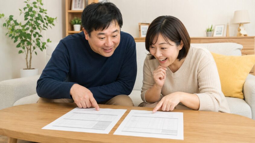 相見積もりで金額の物差しを持つ。リビングのテーブルに2社の見積書を並べて比べる住人2人が納得の表情