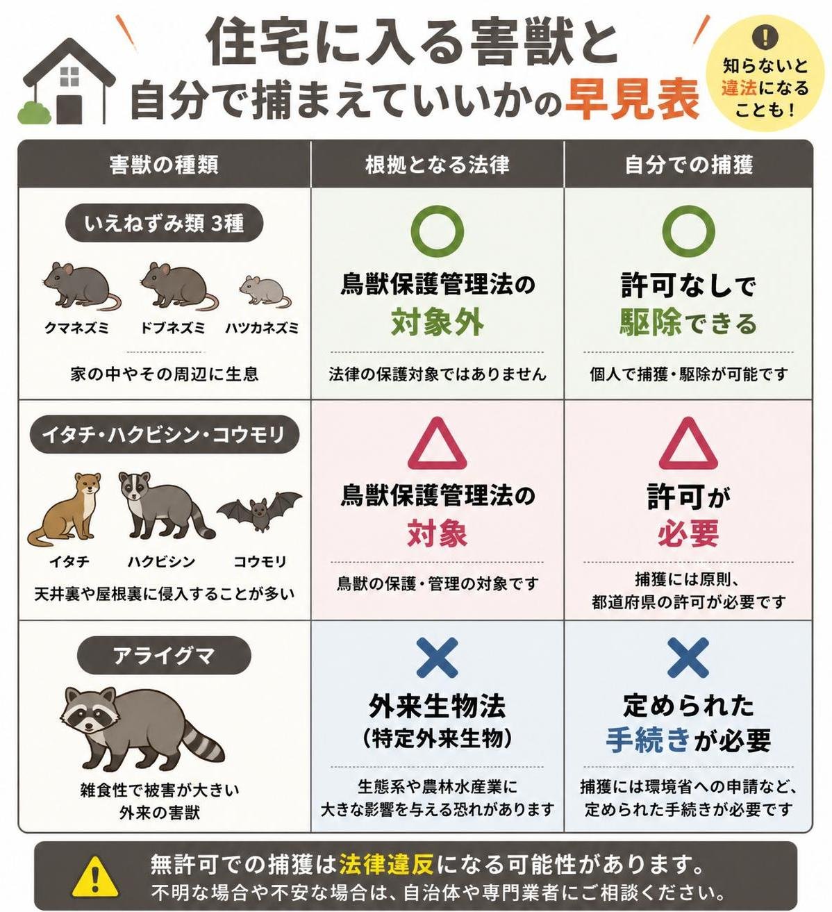 【比較表作成】住宅に入る害獣と、自分で捕まえていいかの早見表。いえねずみ類3種: 根拠となる法律=鳥獣保護管理法の対象外, 自分での捕獲=許可なしで駆除できる / イタチ・ハクビシン・コウモリ: 根拠となる法律=鳥獣保護管理法の対象, 自分での捕獲=許可が必要 / アライグマ: 根拠となる法律=外来生物法(特定外来生物), 自分での捕獲=定められた手続きが必要