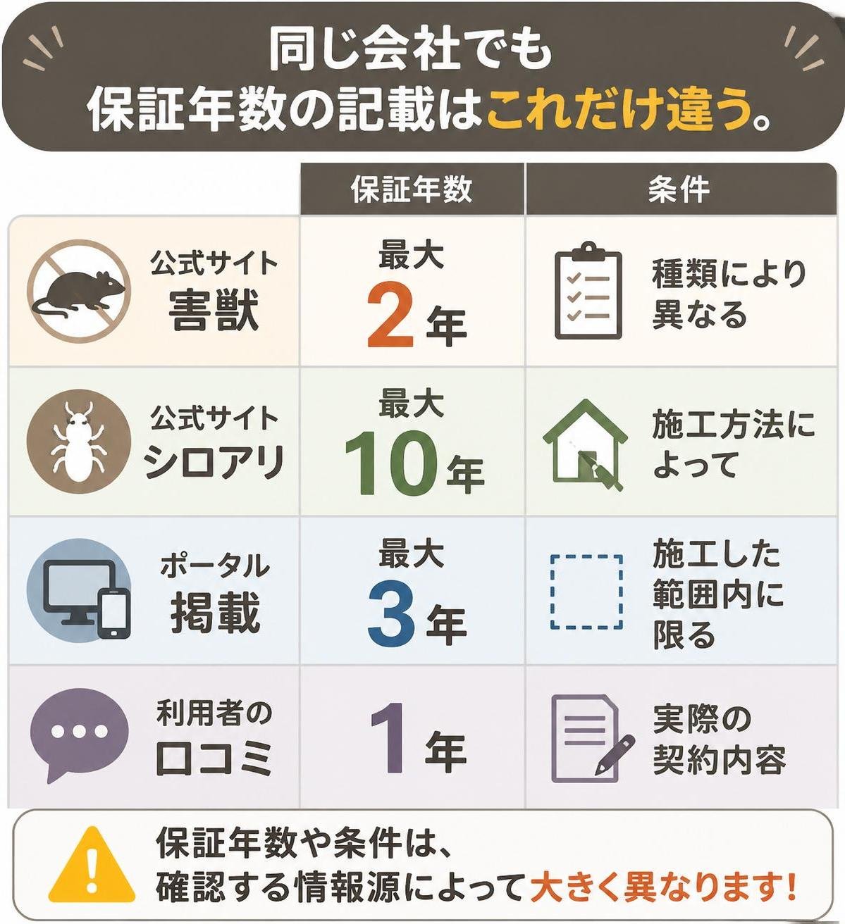 【比較表作成】同じ会社でも保証年数の記載はこれだけ違う。公式サイト害獣: 保証年数=最大2年, 条件=種類により異なる / 公式サイトシロアリ: 保証年数=最大10年, 条件=施工方法によって / ポータル掲載: 保証年数=最大3年, 条件=施工した範囲内に限る / 利用者の口コミ: 保証年数=1年, 条件=実際の契約内容