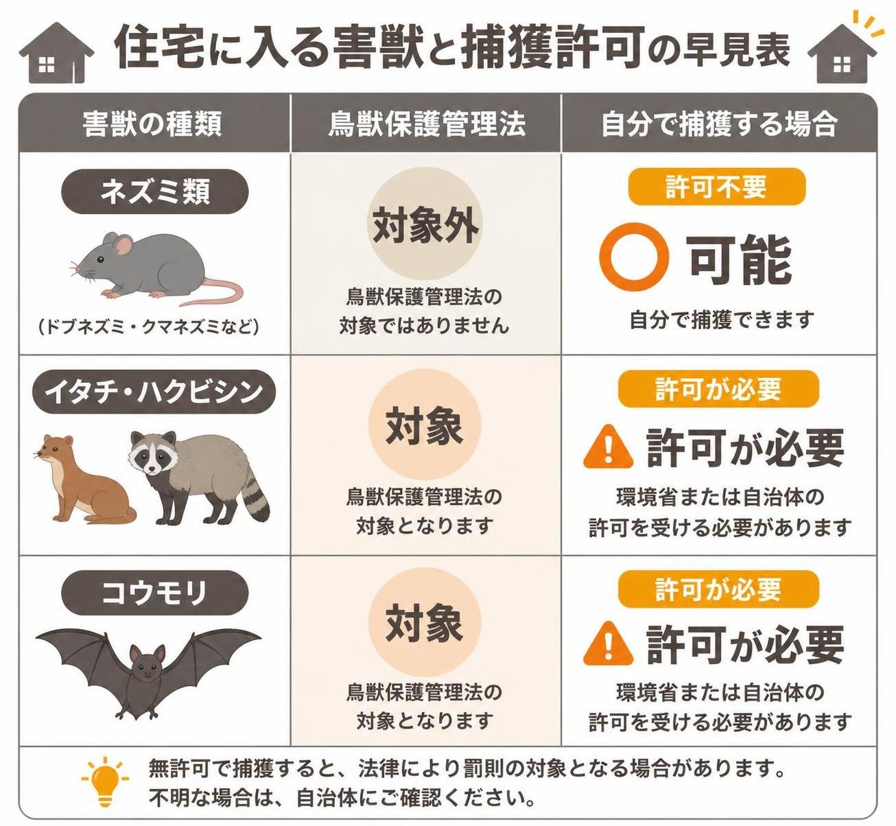 【比較表作成】住宅に入る害獣と捕獲許可の早見表。ネズミ類: 鳥獣保護管理法=対象外, 自分で捕獲=可能 / イタチ・ハクビシン: 鳥獣保護管理法=対象, 自分で捕獲=許可が必要 / コウモリ: 鳥獣保護管理法=対象, 自分で捕獲=許可が必要