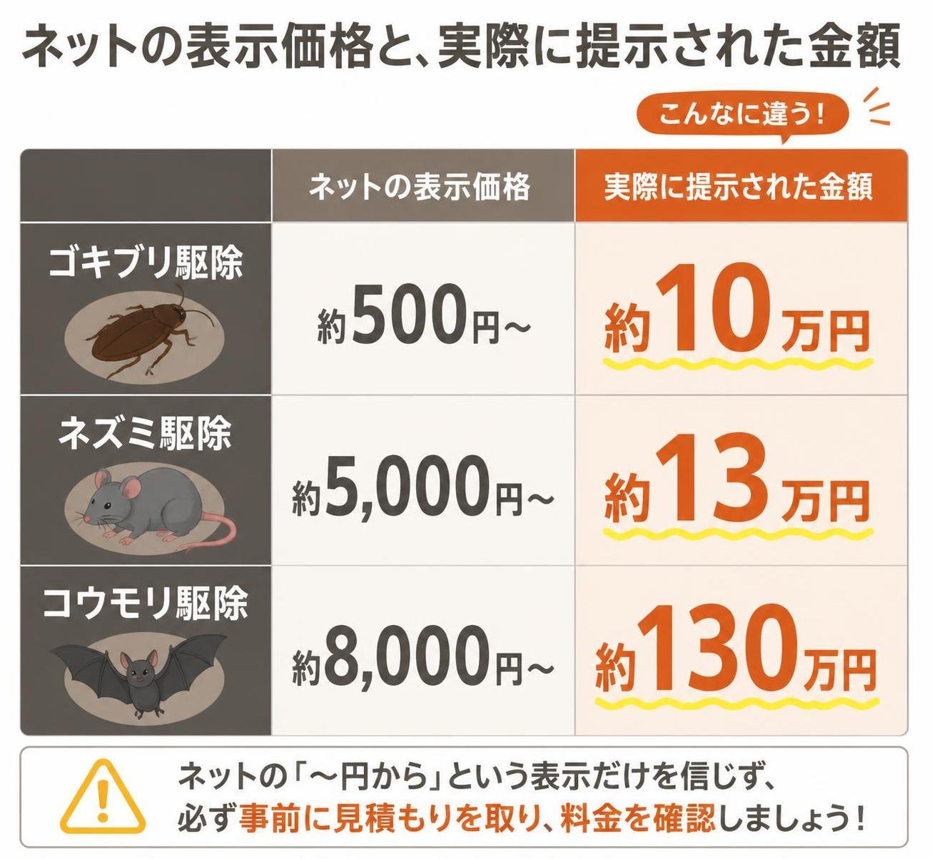 【比較表作成】ネットの表示価格と、実際に提示された金額。ゴキブリ駆除: ネット表示価格=約500円〜, 提示された金額=約10万円 / ネズミ駆除: ネット表示価格=約5000円〜, 提示された金額=約13万円 / コウモリ駆除: ネット表示価格=約8000円〜, 提示された金額=約130万円