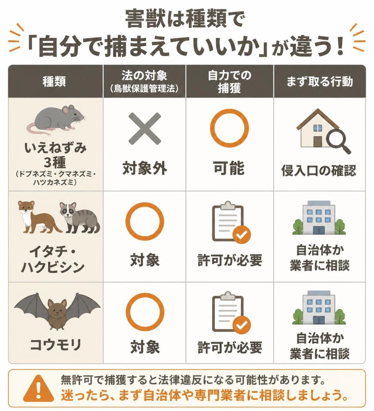 【比較表作成】害獣は種類で「自分で捕まえていいか」が違う。いえねずみ3種: 法の対象=対象外, 自力での捕獲=可能, まず取る行動=侵入口の確認 / イタチ・ハクビシン: 法の対象=対象, 自力での捕獲=許可が必要, まず取る行動=自治体か業者に相談 / コウモリ: 法の対象=対象, 自力での捕獲=許可が必要, まず取る行動=自治体か業者に相談