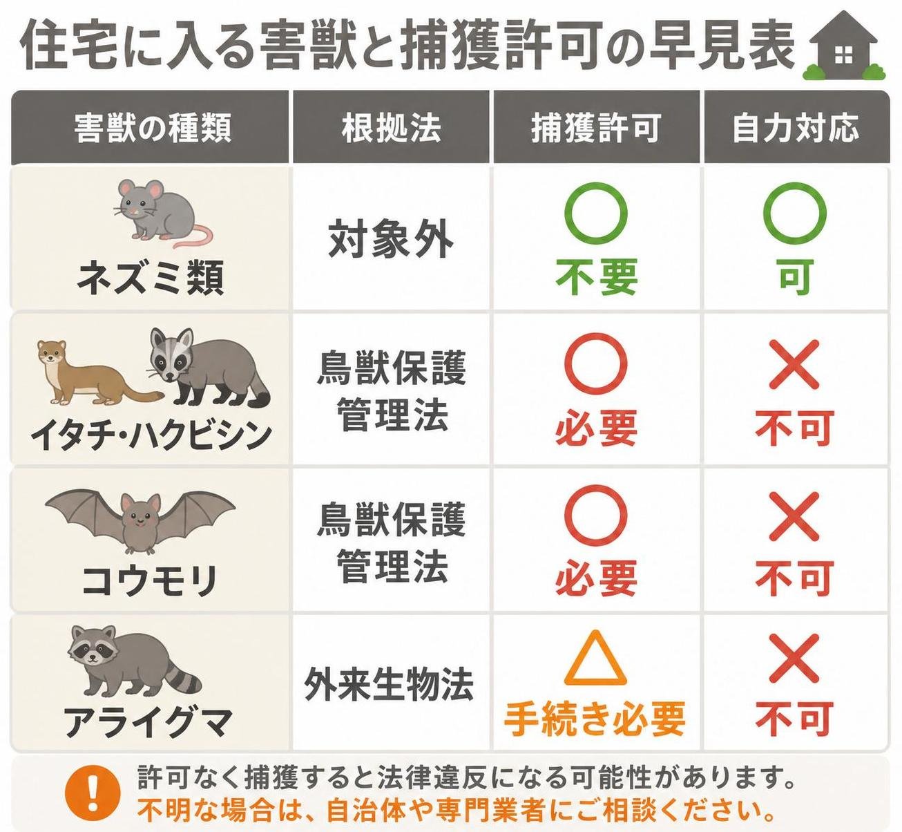 【比較表作成】住宅に入る害獣と捕獲許可の早見表。ネズミ類: 根拠法=対象外, 捕獲許可=不要, 自力対応=可 / イタチ・ハクビシン: 根拠法=鳥獣保護管理法, 捕獲許可=必要, 自力対応=不可 / コウモリ: 根拠法=鳥獣保護管理法, 捕獲許可=必要, 自力対応=不可 / アライグマ: 根拠法=外来生物法, 捕獲許可=手続き必要, 自力対応=不可