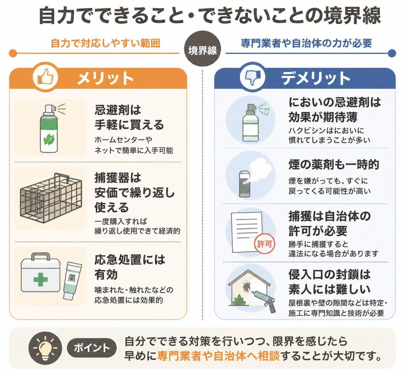 【メリデメ作成】自力でできること・できないことの境界線。メリット:忌避剤は手軽に買える / 捕獲器は安価で繰り返し使える / 応急処置には有効 // デメリット:においの忌避剤は効果が期待薄 / 煙の薬剤も一時的 / 捕獲は自治体の許可が必要 / 侵入口の封鎖は素人には難しい