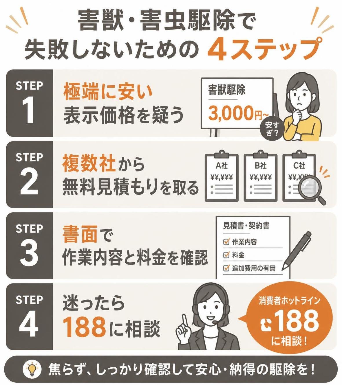 【ステップ作成】害獣・害虫駆除で失敗しないための4ステップ:極端に安い表示価格を疑う→複数社から無料見積もりを取る→書面で作業内容と料金を確認→迷ったら188に相談