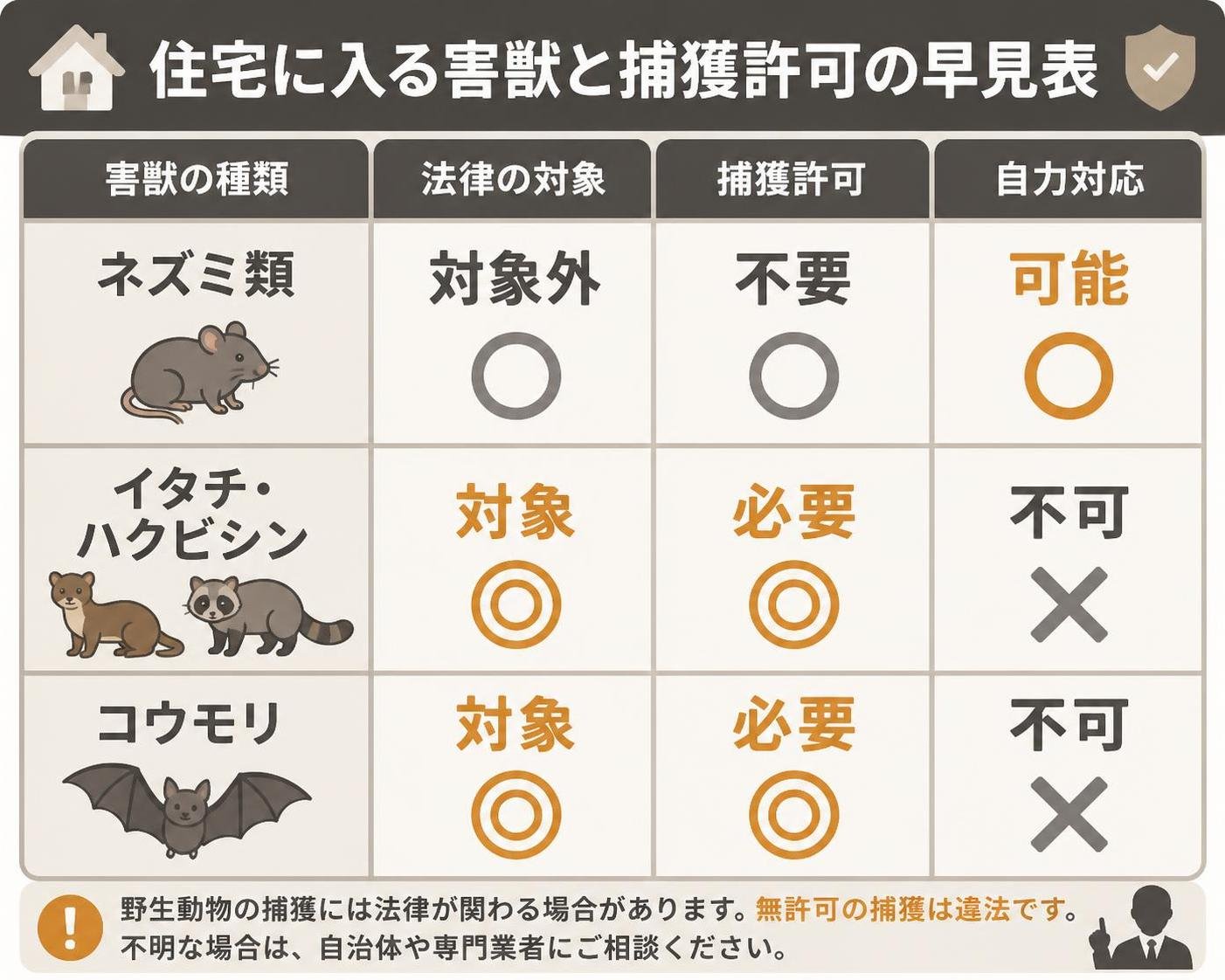 【比較表作成】住宅に入る害獣と捕獲許可の早見表。ネズミ類: 法律の対象=対象外, 捕獲許可=不要, 自力対応=可能 / イタチ・ハクビシン: 法律の対象=対象, 捕獲許可=必要, 自力対応=不可 / コウモリ: 法律の対象=対象, 捕獲許可=必要, 自力対応=不可