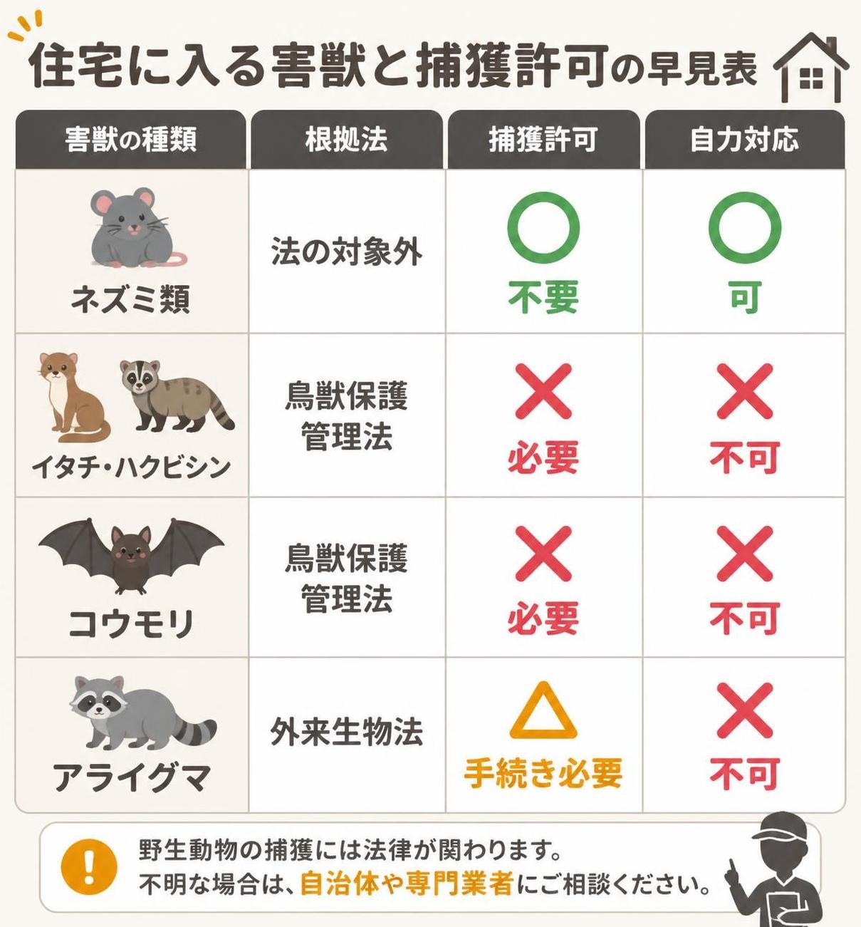 【比較表作成】住宅に入る害獣と捕獲許可の早見表。ネズミ類: 根拠法=法の対象外, 捕獲許可=不要, 自力対応=可 / イタチ・ハクビシン: 根拠法=鳥獣保護管理法, 捕獲許可=必要, 自力対応=不可 / コウモリ: 根拠法=鳥獣保護管理法, 捕獲許可=必要, 自力対応=不可 / アライグマ: 根拠法=外来生物法, 捕獲許可=手続き必要, 自力対応=不可