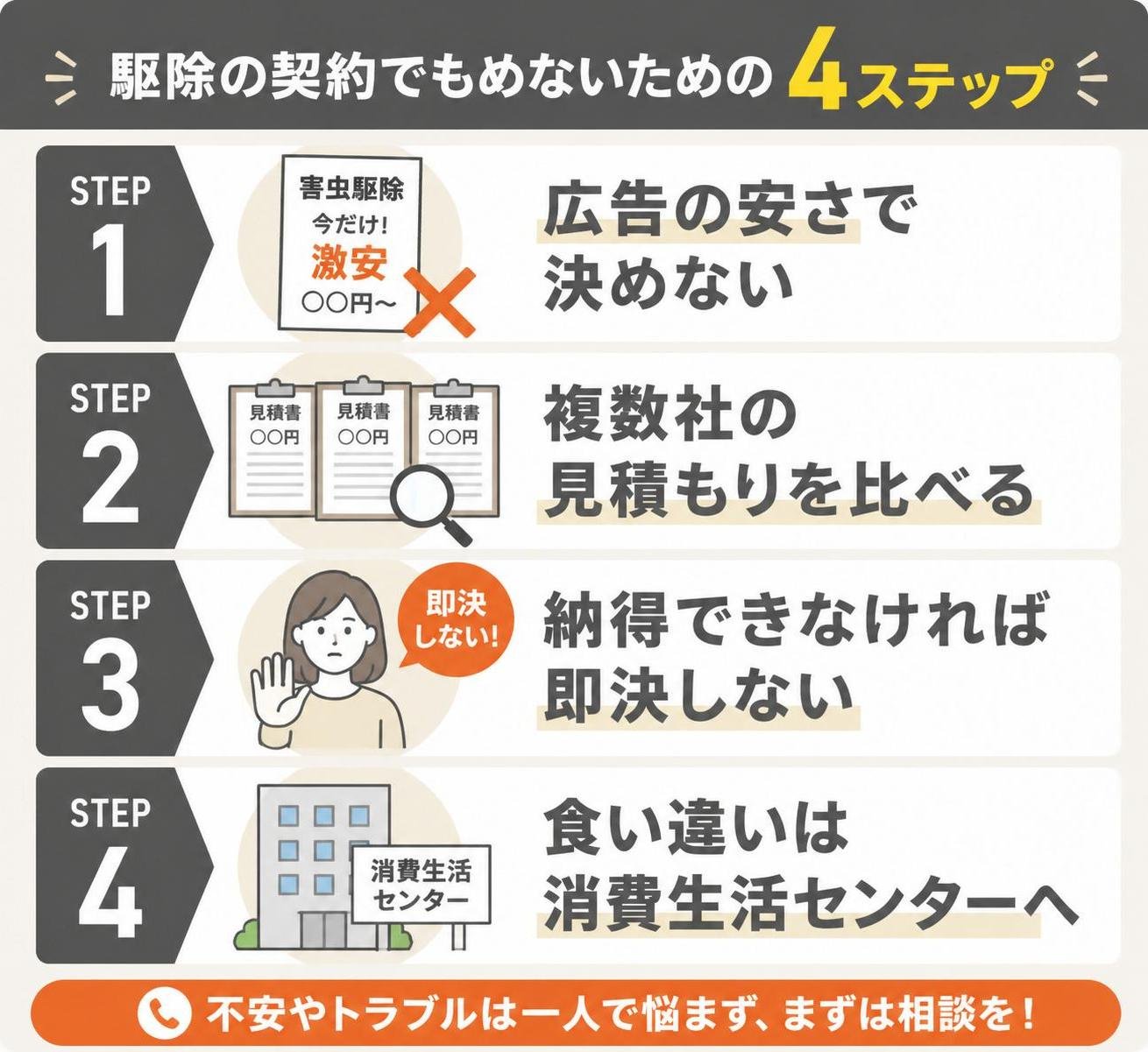 【ステップ作成】駆除の契約でもめないための4ステップ:広告の安さで決めない→複数社の見積もりを比べる→納得できなければ即決しない→食い違いは消費生活センターへ