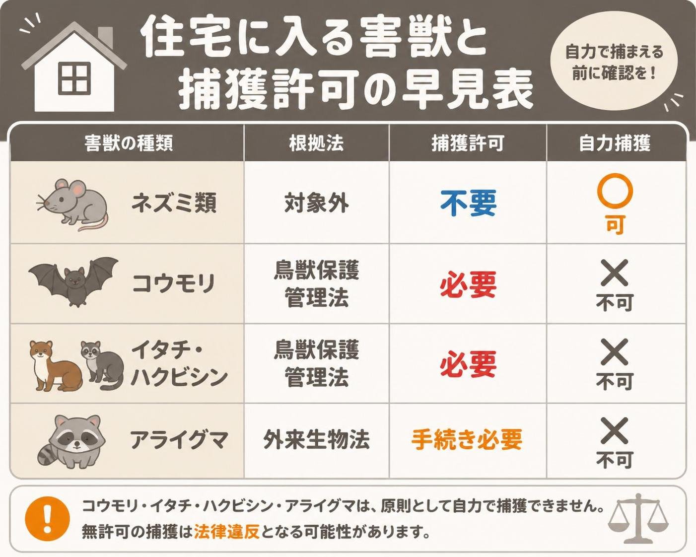 【比較表作成】住宅に入る害獣と捕獲許可の早見表。ネズミ類: 根拠法=対象外, 捕獲許可=不要, 自力捕獲=可 / コウモリ: 根拠法=鳥獣保護管理法, 捕獲許可=必要, 自力捕獲=不可 / イタチ・ハクビシン: 根拠法=鳥獣保護管理法, 捕獲許可=必要, 自力捕獲=不可 / アライグマ: 根拠法=外来生物法, 捕獲許可=手続き必要, 自力捕獲=不可