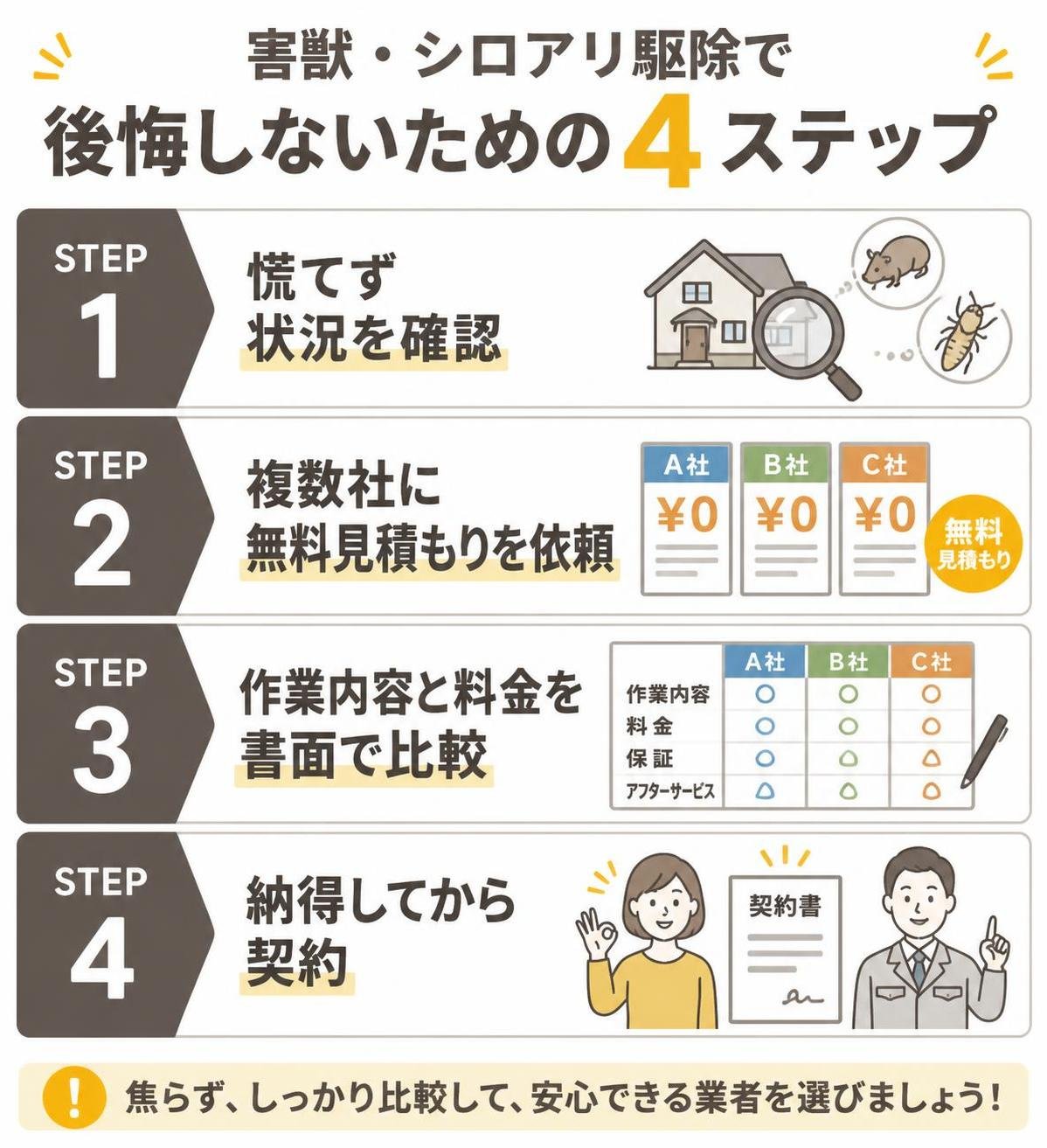 【ステップ作成】害獣・シロアリ駆除で後悔しないための4ステップ:慌てず状況を確認→複数社に無料見積もりを依頼→作業内容と料金を書面で比較→納得してから契約