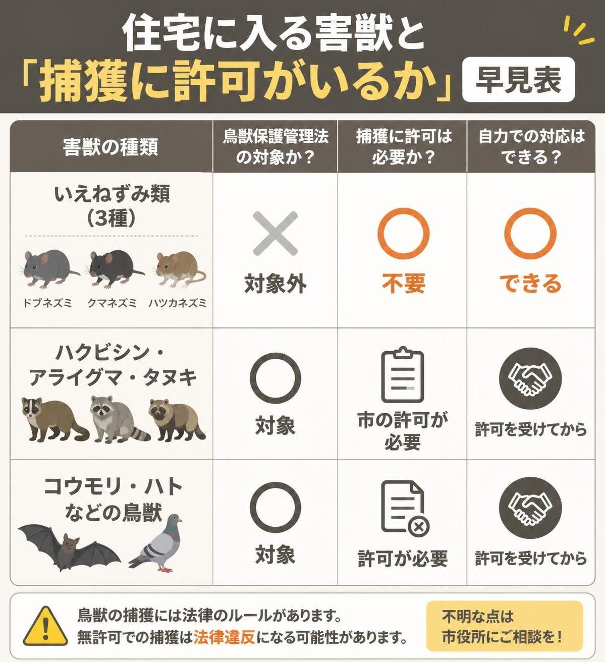 【比較表作成】住宅に入る害獣と「捕獲に許可がいるか」の早見表。いえねずみ類3種: 鳥獣保護管理法=対象外, 捕獲の許可=不要, 自力対応=できる / ハクビシン・アライグマ・タヌキ: 鳥獣保護管理法=対象, 捕獲の許可=市の許可が必要, 自力対応=許可を受けてから / コウモリ・ハトなどの鳥獣: 鳥獣保護管理法=対象, 捕獲の許可=許可が必要, 自力対応=許可を受けてから