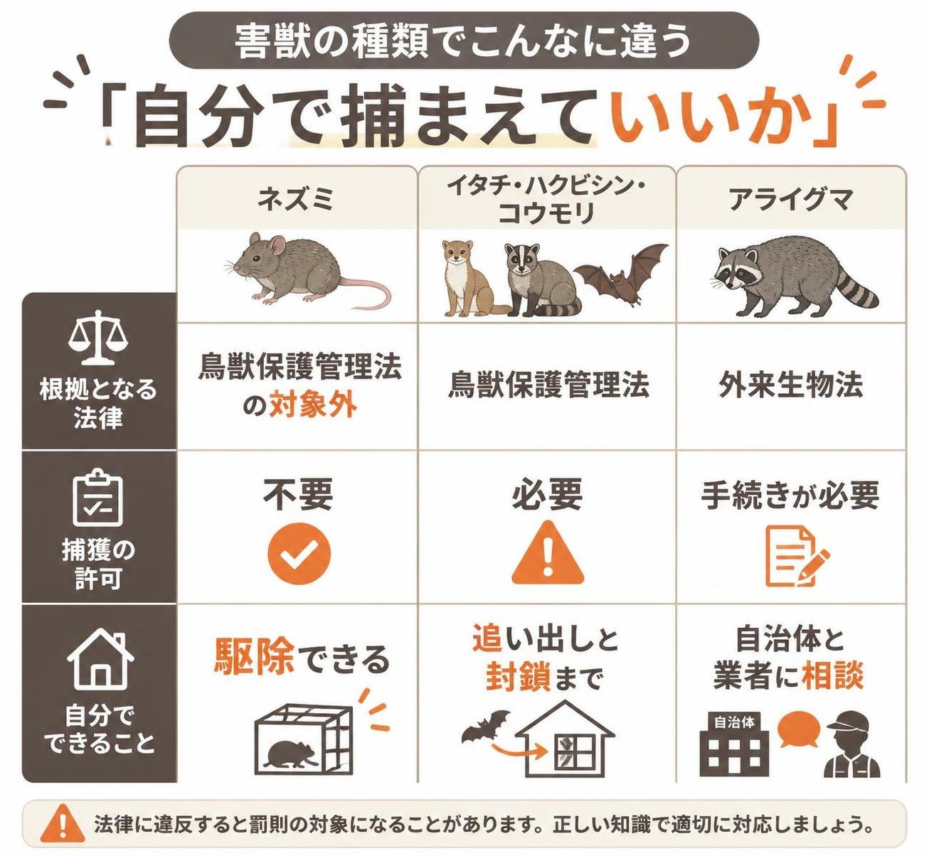 【比較表作成】害獣の種類でこんなに違う「自分で捕まえていいか」。ネズミ: 根拠となる法律=鳥獣保護管理法の対象外, 捕獲の許可=不要, 自分でできること=駆除できる / イタチ・ハクビシン・コウモリ: 根拠となる法律=鳥獣保護管理法, 捕獲の許可=必要, 自分でできること=追い出しと封鎖まで / アライグマ: 根拠となる法律=外来生物法, 捕獲の許可=手続きが必要, 自分でできること=自治体と業者に相談