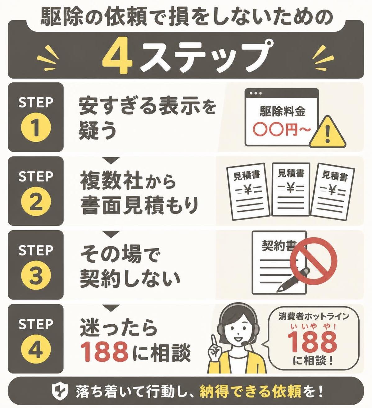 【ステップ作成】駆除の依頼で損をしないための4ステップ:安すぎる表示を疑う→複数社から書面見積もり→その場で契約しない→迷ったら188に相談