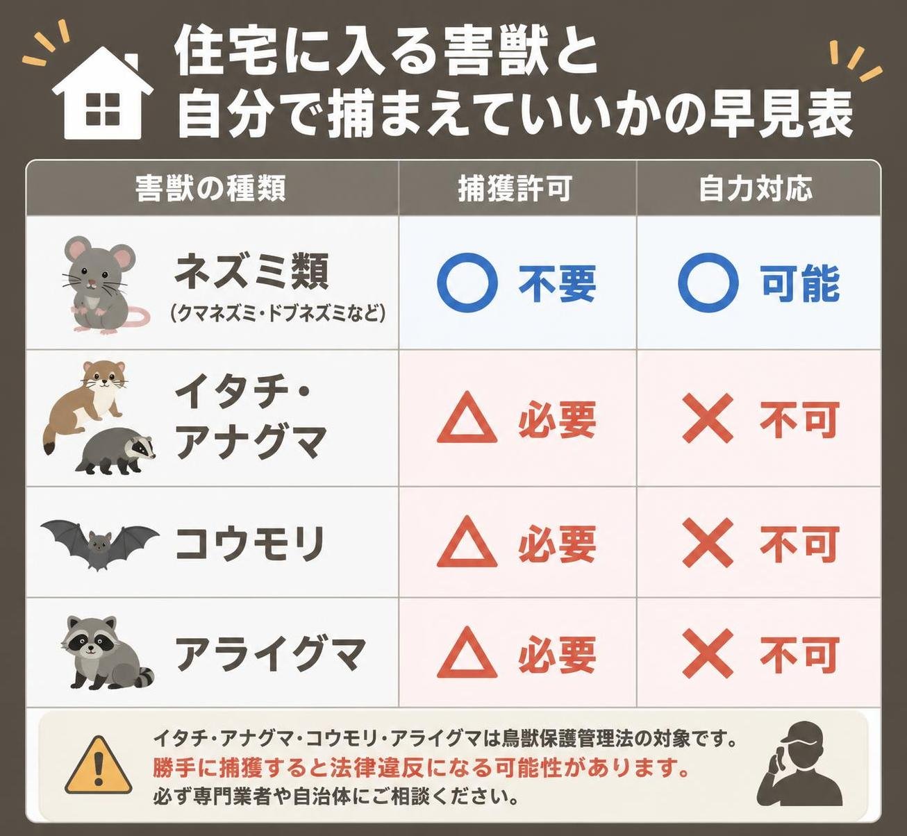 【比較表作成】住宅に入る害獣と、自分で捕まえていいかの早見表。ネズミ類: 捕獲許可=不要, 自力対応=可能 / イタチ・アナグマ: 捕獲許可=必要, 自力対応=不可 / コウモリ: 捕獲許可=必要, 自力対応=不可 / アライグマ: 捕獲許可=必要, 自力対応=不可