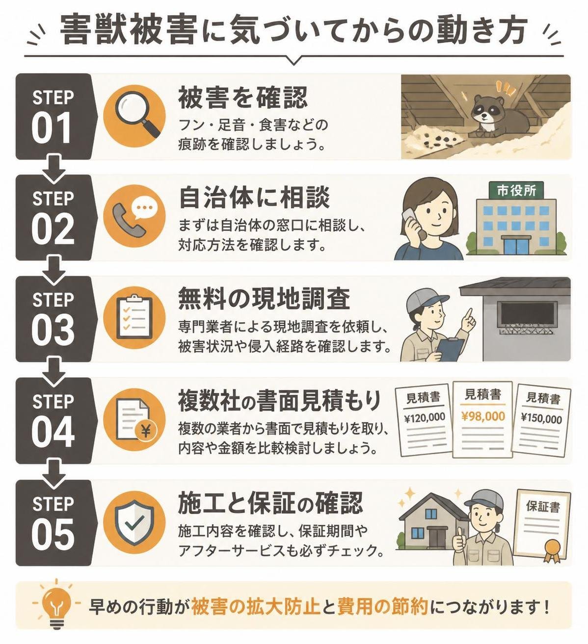 【ステップ作成】害獣被害に気づいてからの動き方:被害を確認→自治体に相談→無料の現地調査→複数社の書面見積もり→施工と保証の確認