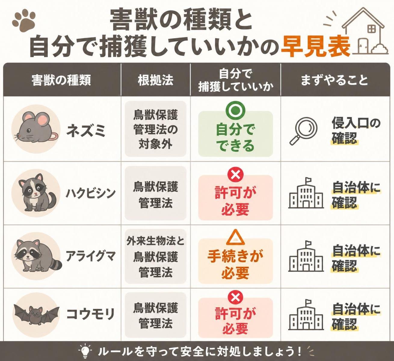 【比較表作成】害獣の種類と自分で捕獲していいかの早見表。ネズミ: 根拠法=鳥獣保護管理法の対象外, 捕獲=自分でできる, まずやること=侵入口の確認 / ハクビシン: 根拠法=鳥獣保護管理法, 捕獲=許可が必要, まずやること=自治体に確認 / アライグマ: 根拠法=外来生物法と鳥獣保護管理法, 捕獲=手続きが必要, まずやること=自治体に確認 / コウモリ: 根拠法=鳥獣保護管理法, 捕獲=許可が必要, まずやること=自治体に確認