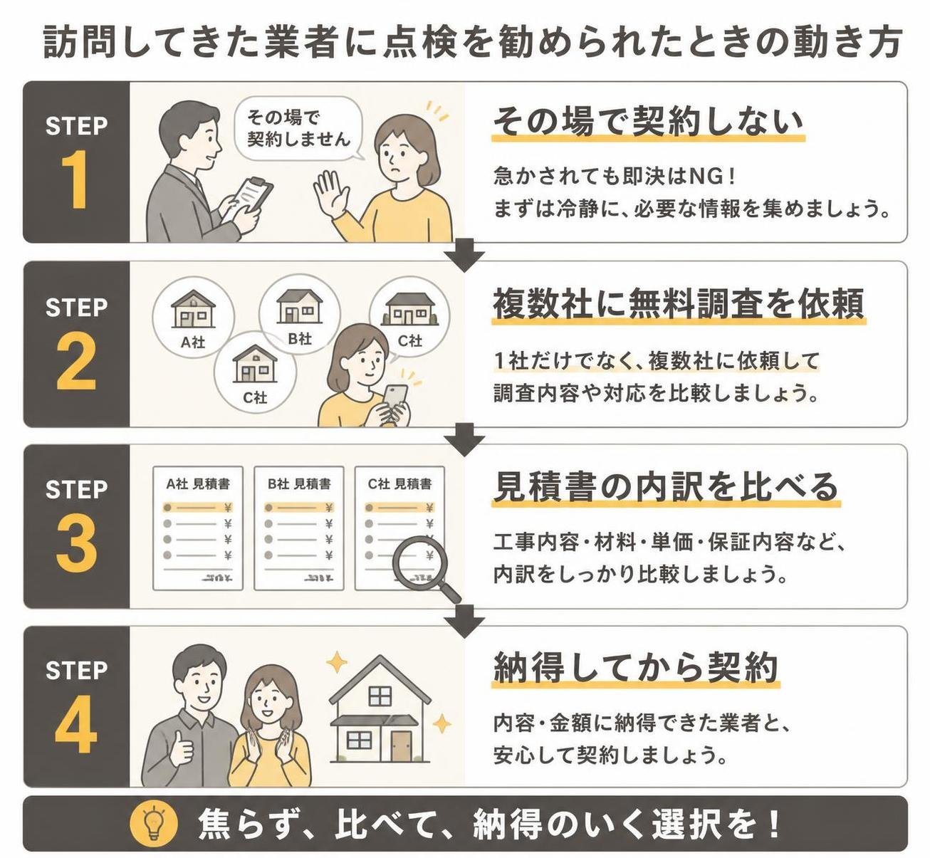 【ステップ作成】訪問してきた業者に点検を勧められたときの動き方:その場で契約しない→複数社に無料調査を依頼→見積書の内訳を比べる→納得してから契約