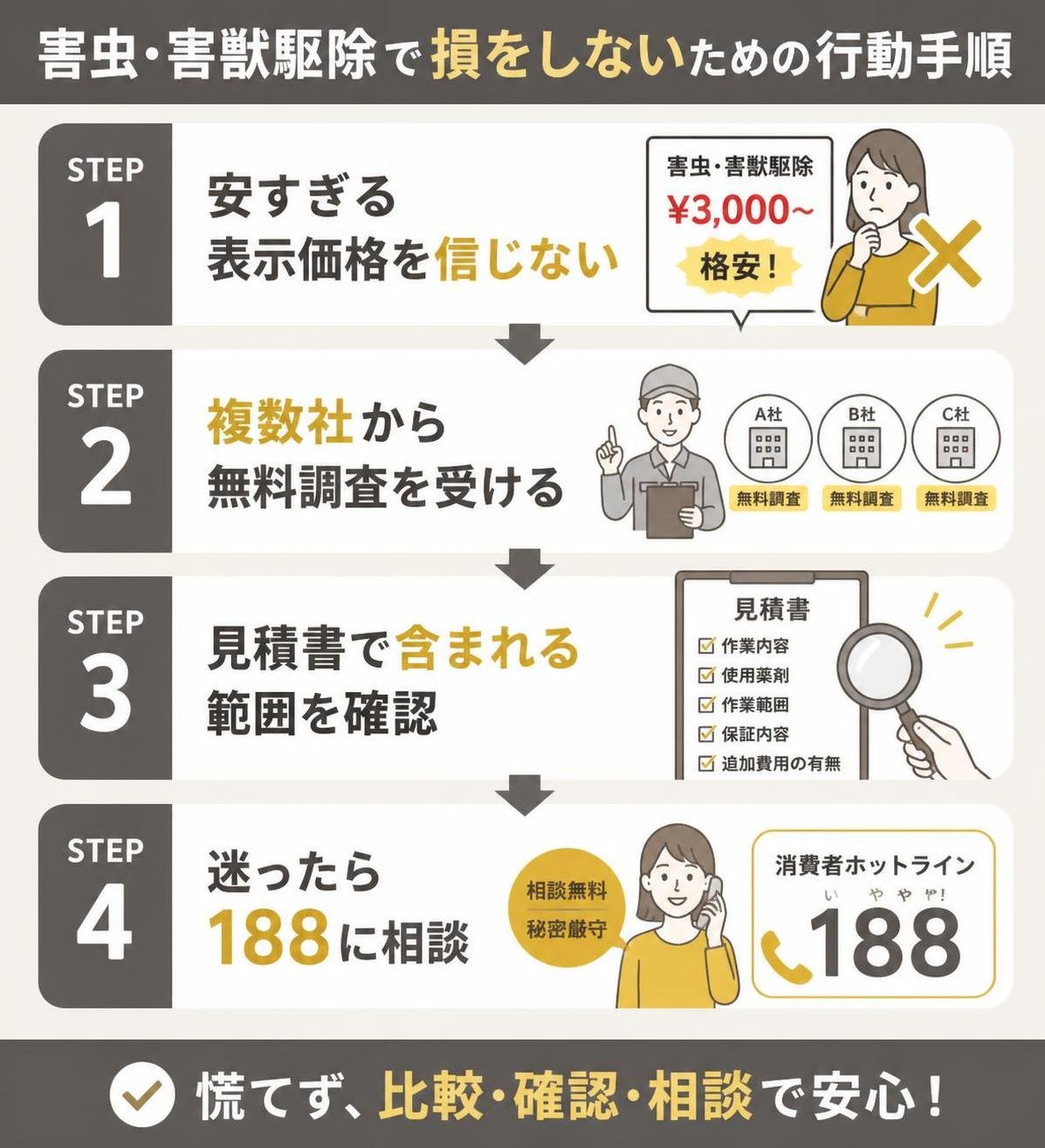 【ステップ作成】害虫・害獣駆除で損をしないための行動手順:安すぎる表示価格を信じない→複数社から無料調査を受ける→見積書で含まれる範囲を確認→迷ったら188に相談