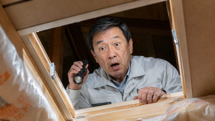 木造戸建ての天井裏を懐中電灯で照らして確認する。屋根裏の点検口をのぞく50代男性が驚いた表情