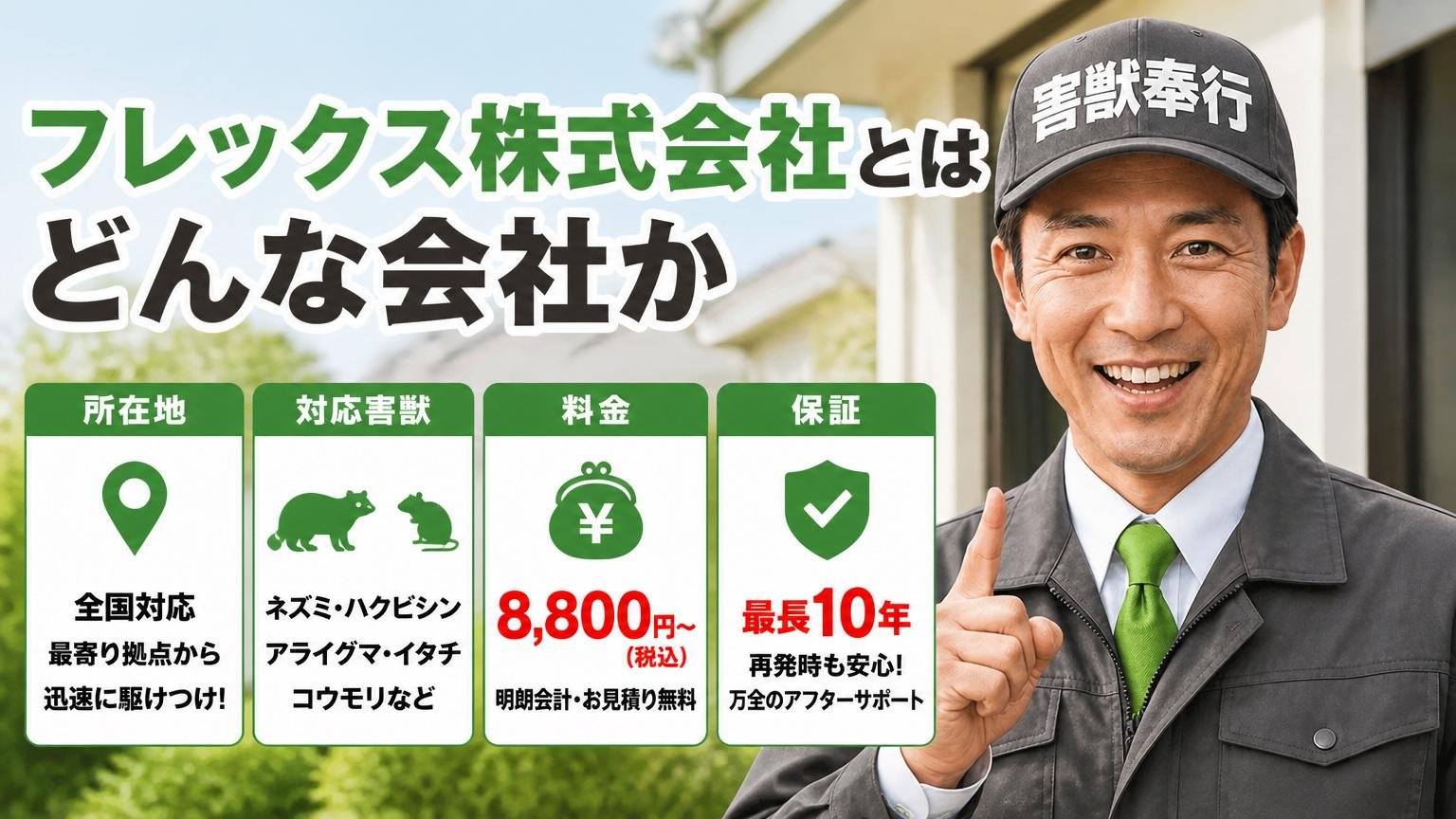 フレックス株式会社とはどんな会社か(所在地・対応害獣・料金・保証)