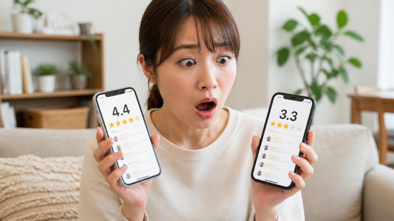 顧客の口コミは4.4点・社員は3.3点|リビングでスマホの口コミ画面を見比べて驚く女性1人