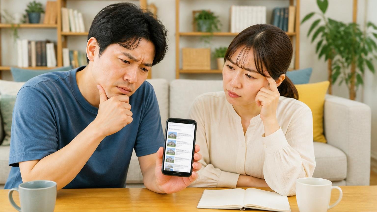 どのフレックス株式会社かを整理する場面。リビングのテーブルでスマホの検索結果を見比べる住人2人が首をかしげる表情