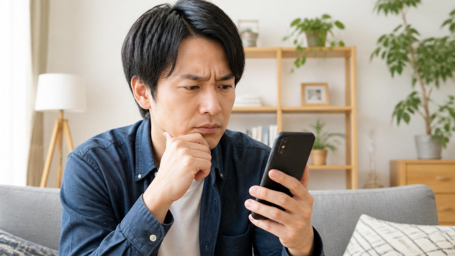 あなたが探しているのは北海道の西武消毒か確認する場面、自宅リビングで男性1人がスマホの検索結果を見比べて眉をひそめる