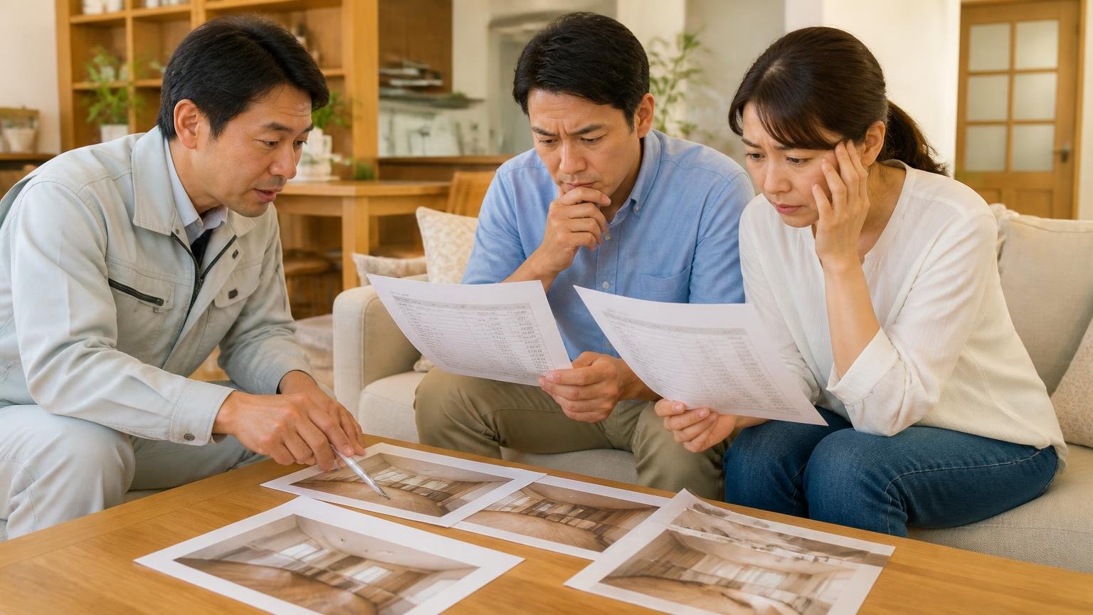評価が高い部分と低い部分がはっきり分かれている リビングで作業員と打ち合わせ 住人2人が見積書を見比べて考え込む