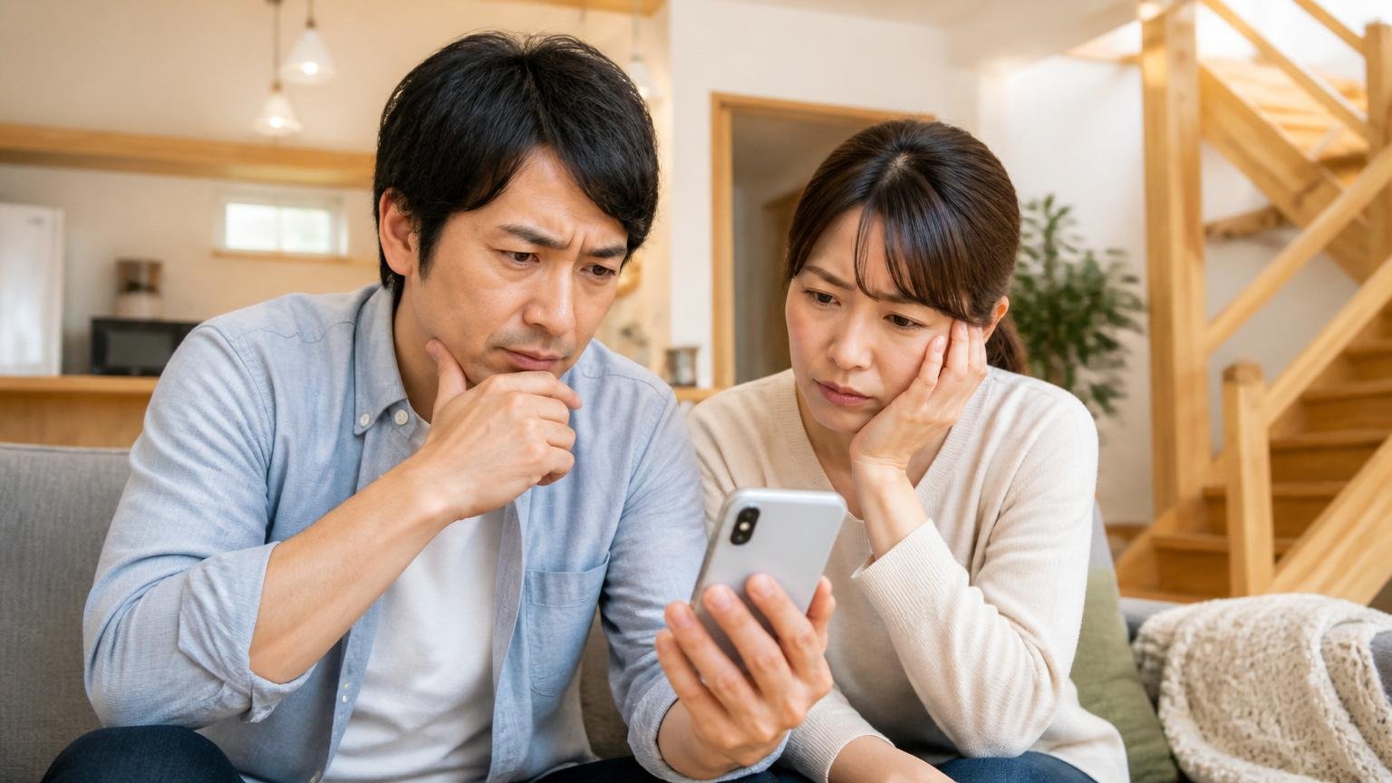 口コミを総合して見えた良い声と気になる声。木造戸建てのリビングで夫婦2人がスマホの口コミ画面をのぞき込み眉をひそめる