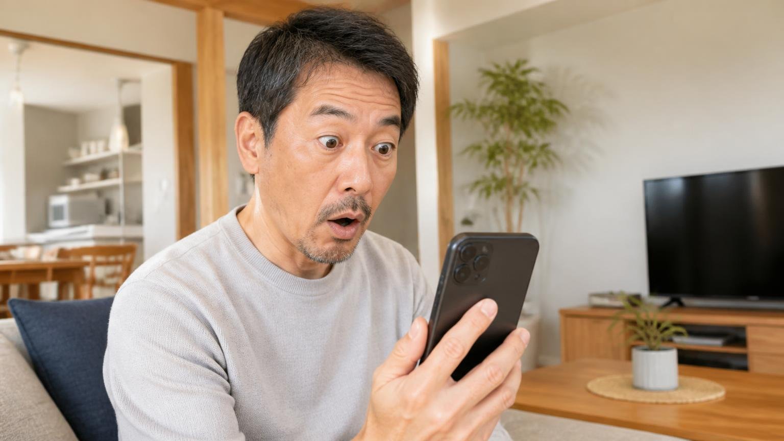 Googleマップの評価は4.7で低評価ゼロ 木造戸建てのリビングでスマホの口コミ画面を見る50代男性が眉を上げて驚く