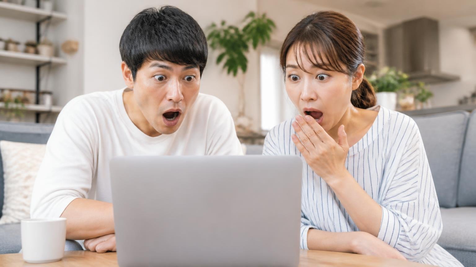公式サイトと第三者サイトの口コミ点数を比べる場面。リビングでノートパソコンを見る夫婦2人が驚いた表情