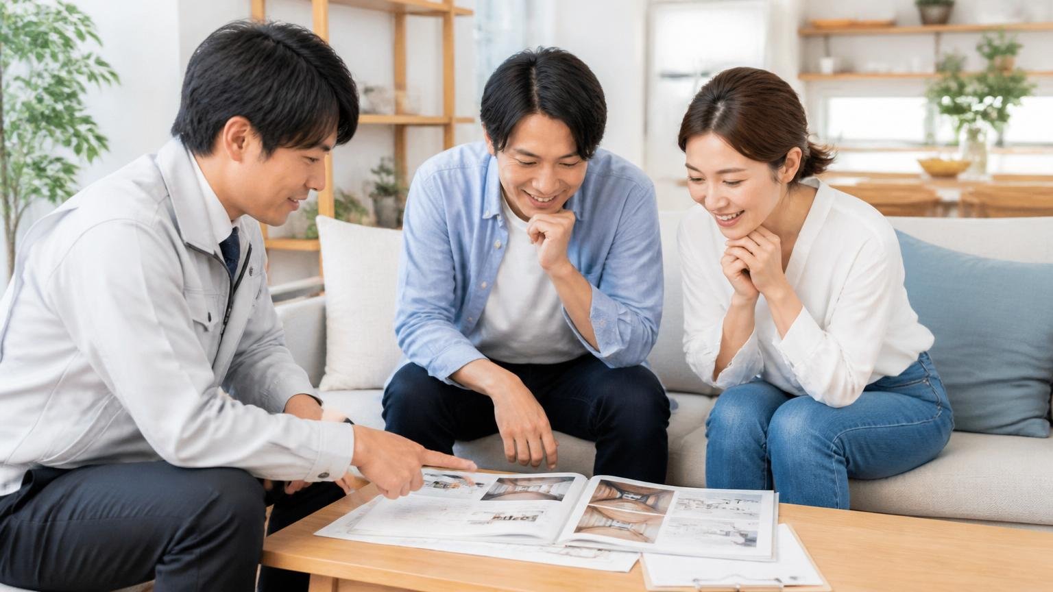 良い評判と悪い評判をひとことでまとめると。リビングで作業員と打ち合わせする夫婦2人が資料を見て納得する表情