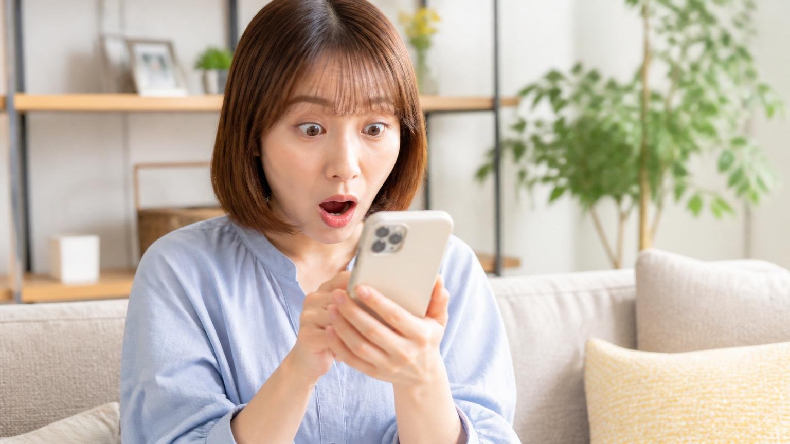 ★5が446件で★1は1件の評価内訳。リビングのソファでスマホの口コミ一覧を見つめる30代女性が目を見開いて驚く