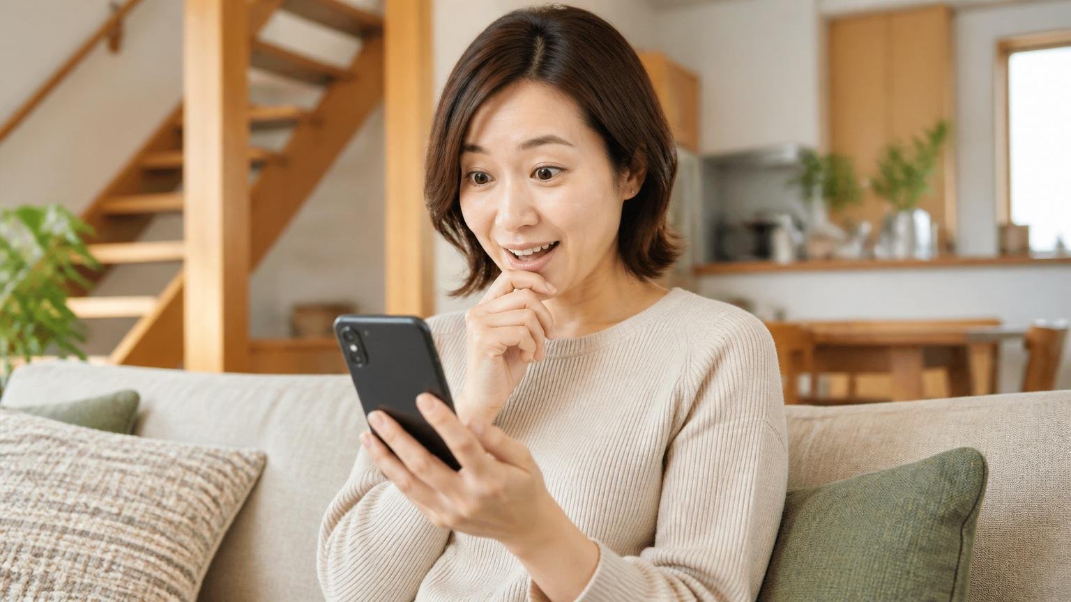 平均4.9の口コミ評価を確認する|木造戸建てのリビングで30代女性がスマホの星評価に見入る