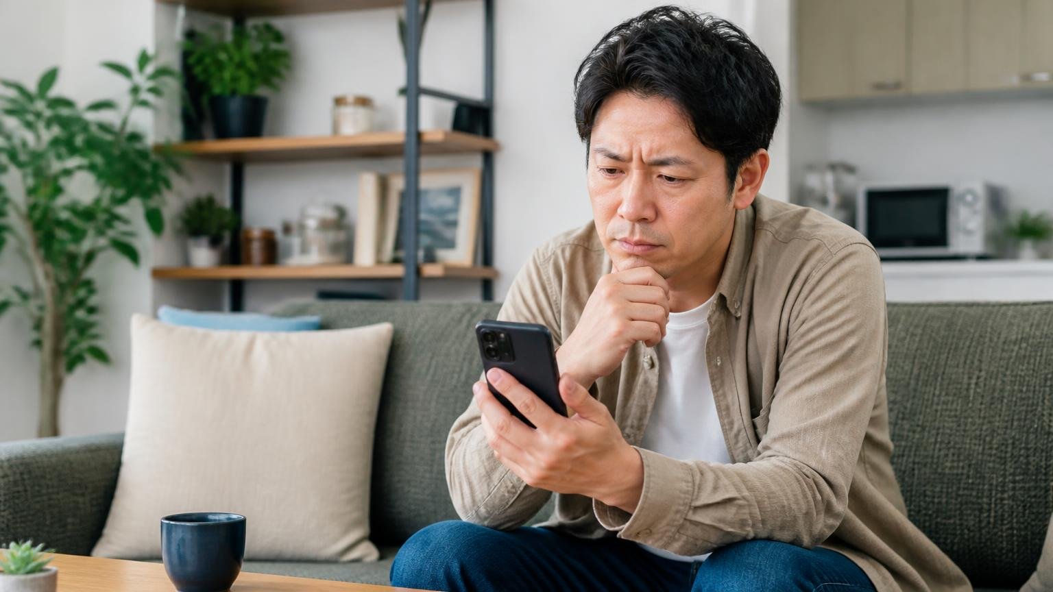 害獣バーサスの評判を3行でまとめると。リビングのソファでスマホの口コミを読む40代男性1人が眉を寄せる