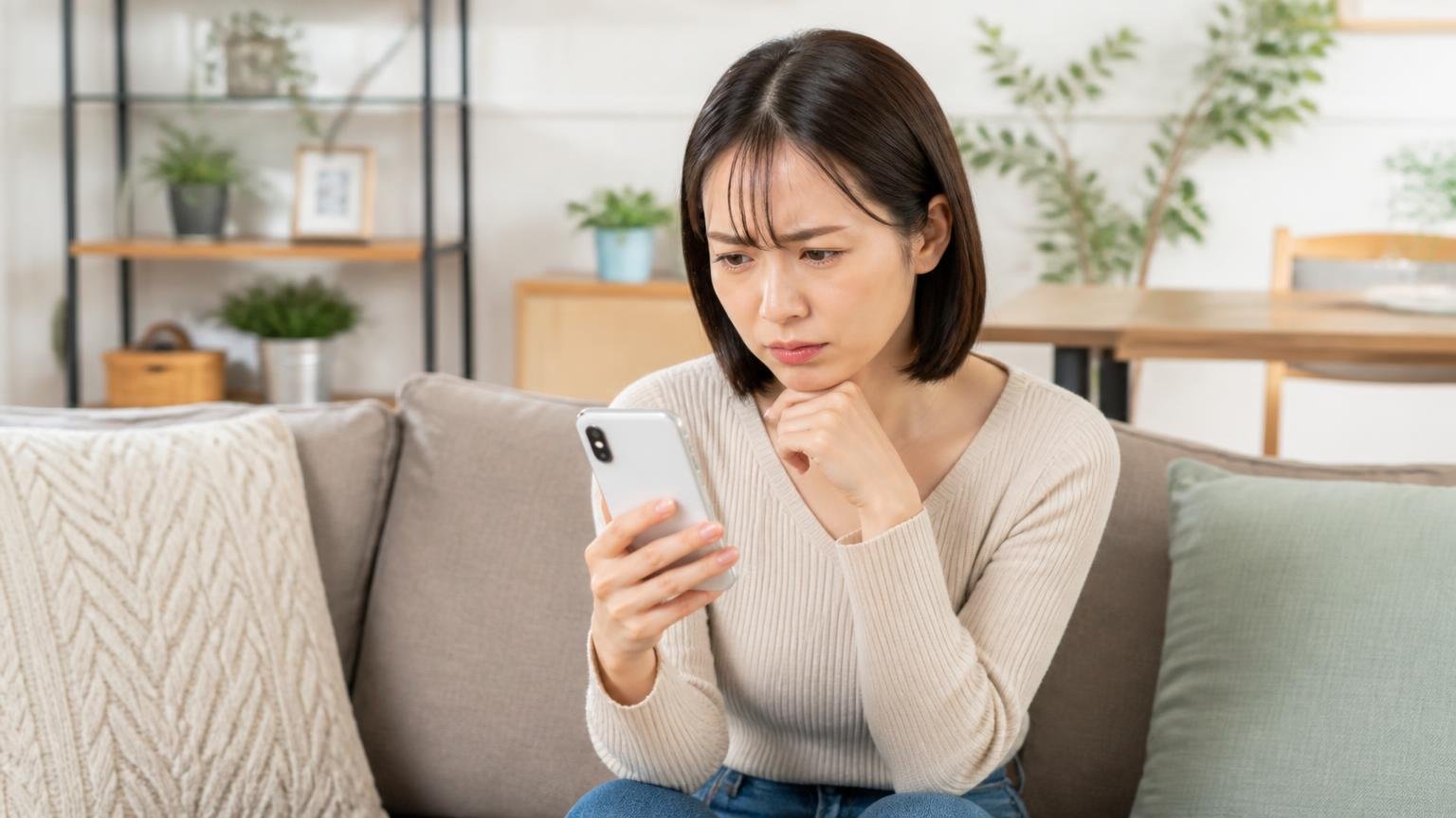 生活110番の総合評価は星4.3。リビングでスマホの口コミ画面を見る30代女性が眉をひそめる