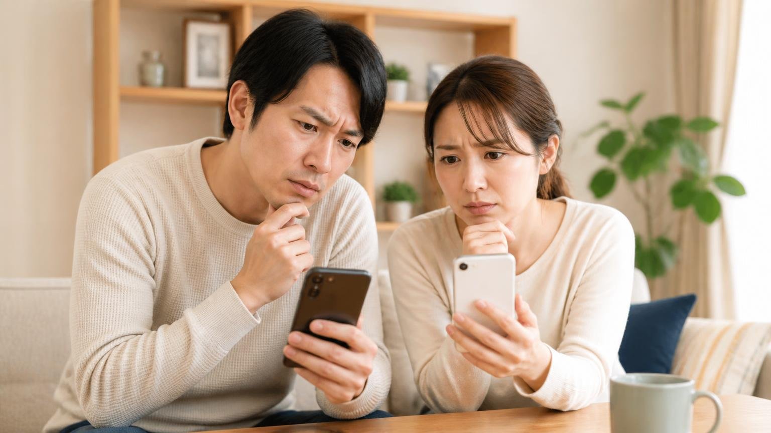 媒体で評価が違う理由を確認する場面。リビングでスマホの口コミ画面を見比べる夫婦2人が眉をひそめる
