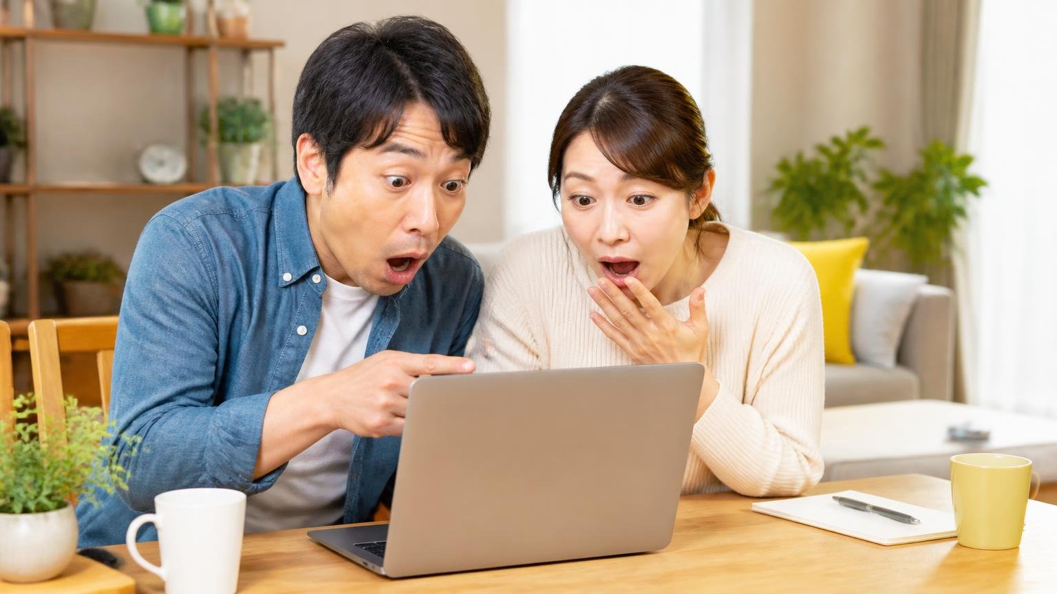 同名の別会社を見分ける。戸建てのリビングで30代の夫婦2人がノートPCの検索結果を見比べて驚く