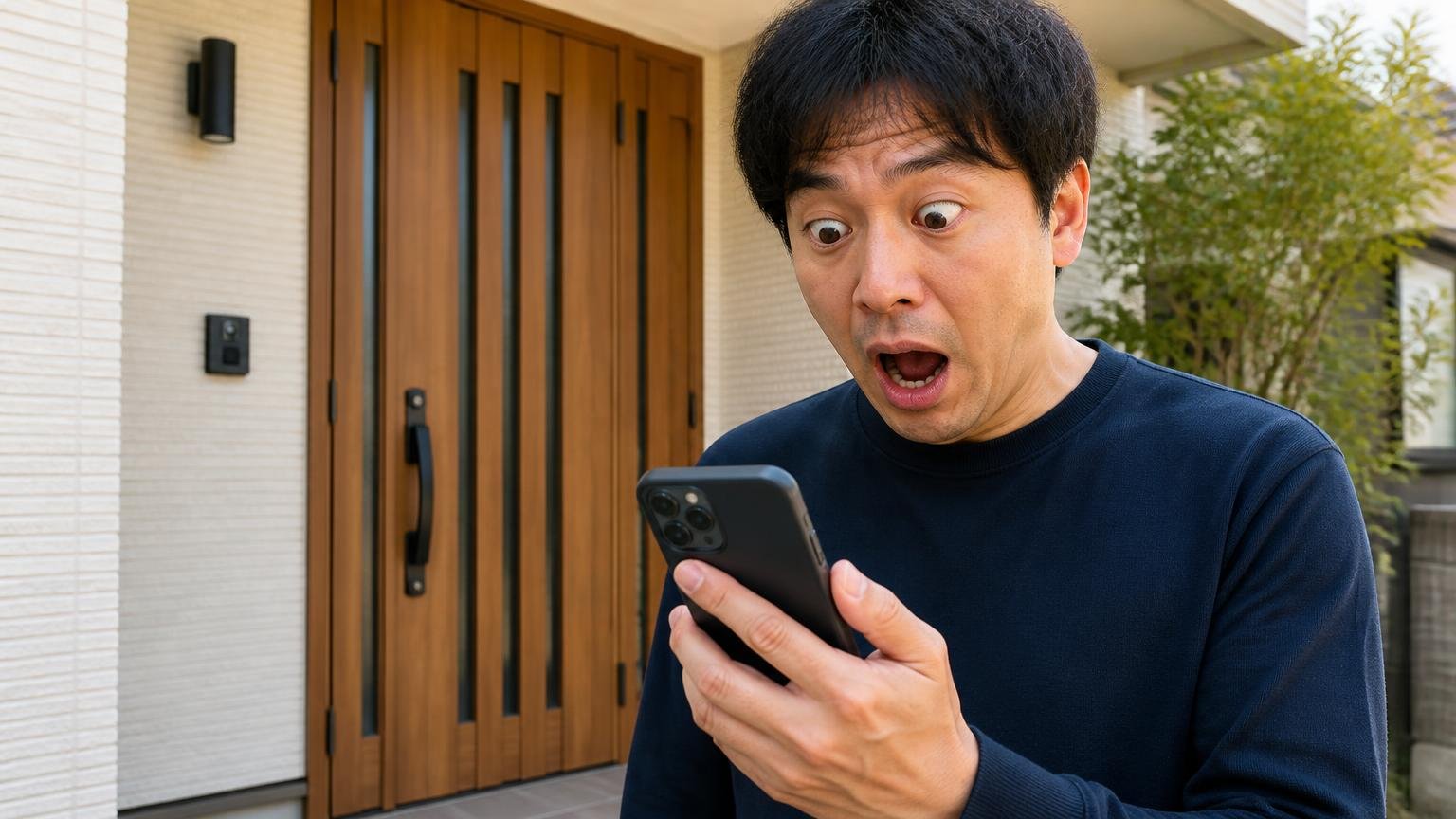 低評価3件は運転への指摘だった|木造戸建ての玄関前|男性1人|スマホを見て驚く表情