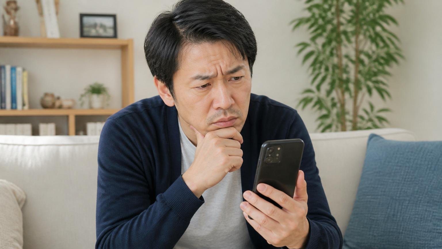 この記事で扱う株式会社ラットの特定 リビングでスマホの検索結果を見比べる40代男性が眉をひそめる