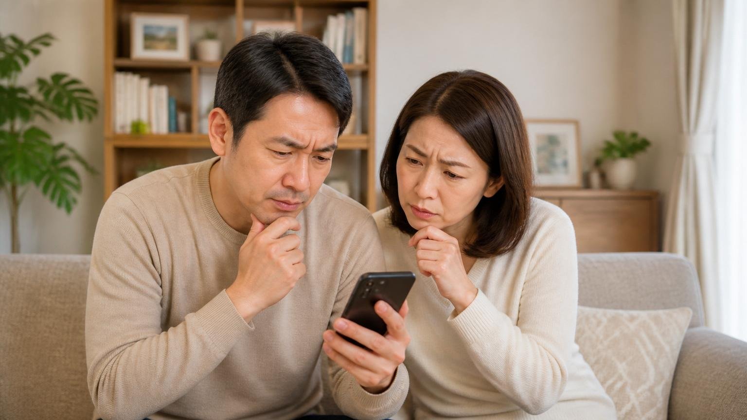 口コミ11件・総合★4.0という数字の読み方 リビングで戸建て住まいの夫婦2人がスマホの口コミ画面をのぞき込み首をかしげる