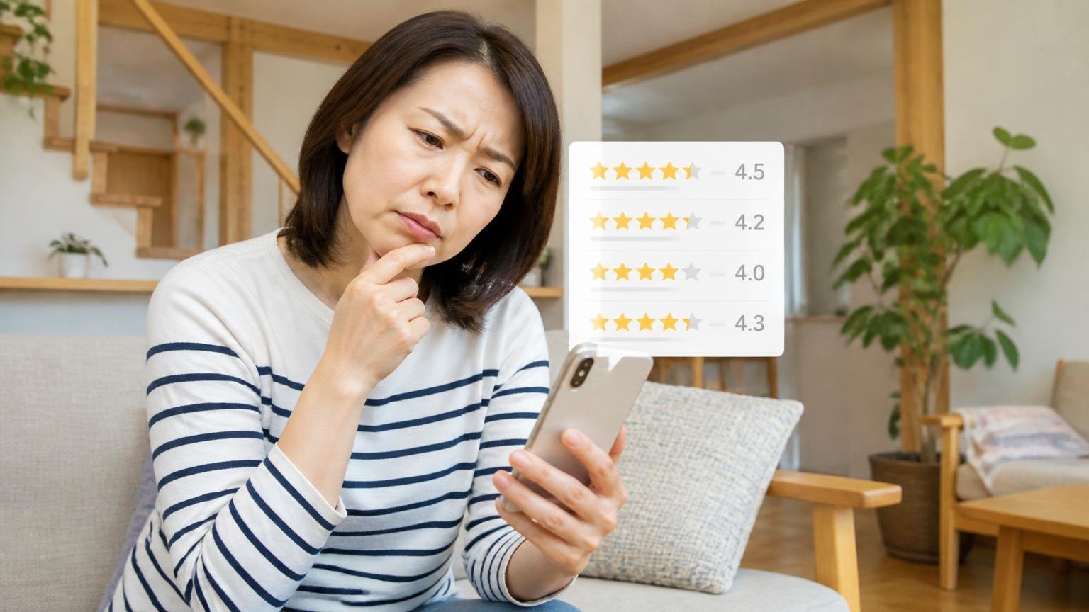 口コミの評点は4.0〜4.5点。木造戸建てのリビングで、40代女性がスマホの口コミ一覧を見ながら首をかしげる