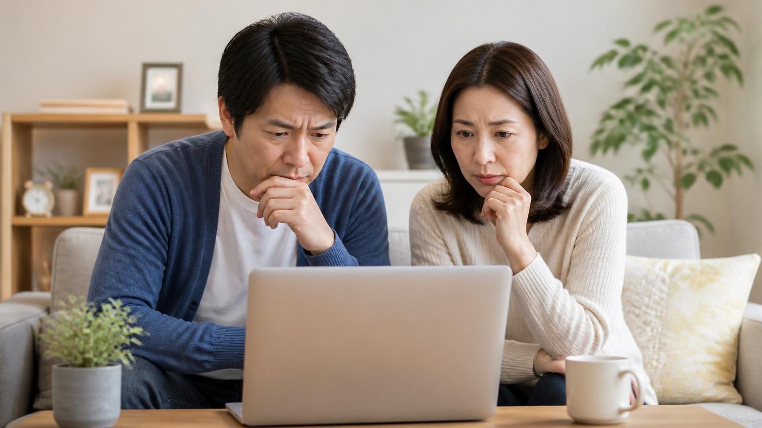 口コミ12件の評価内訳を確認。リビングでノートパソコンを見ながら口コミを読み比べる40代の夫婦、真剣な表情