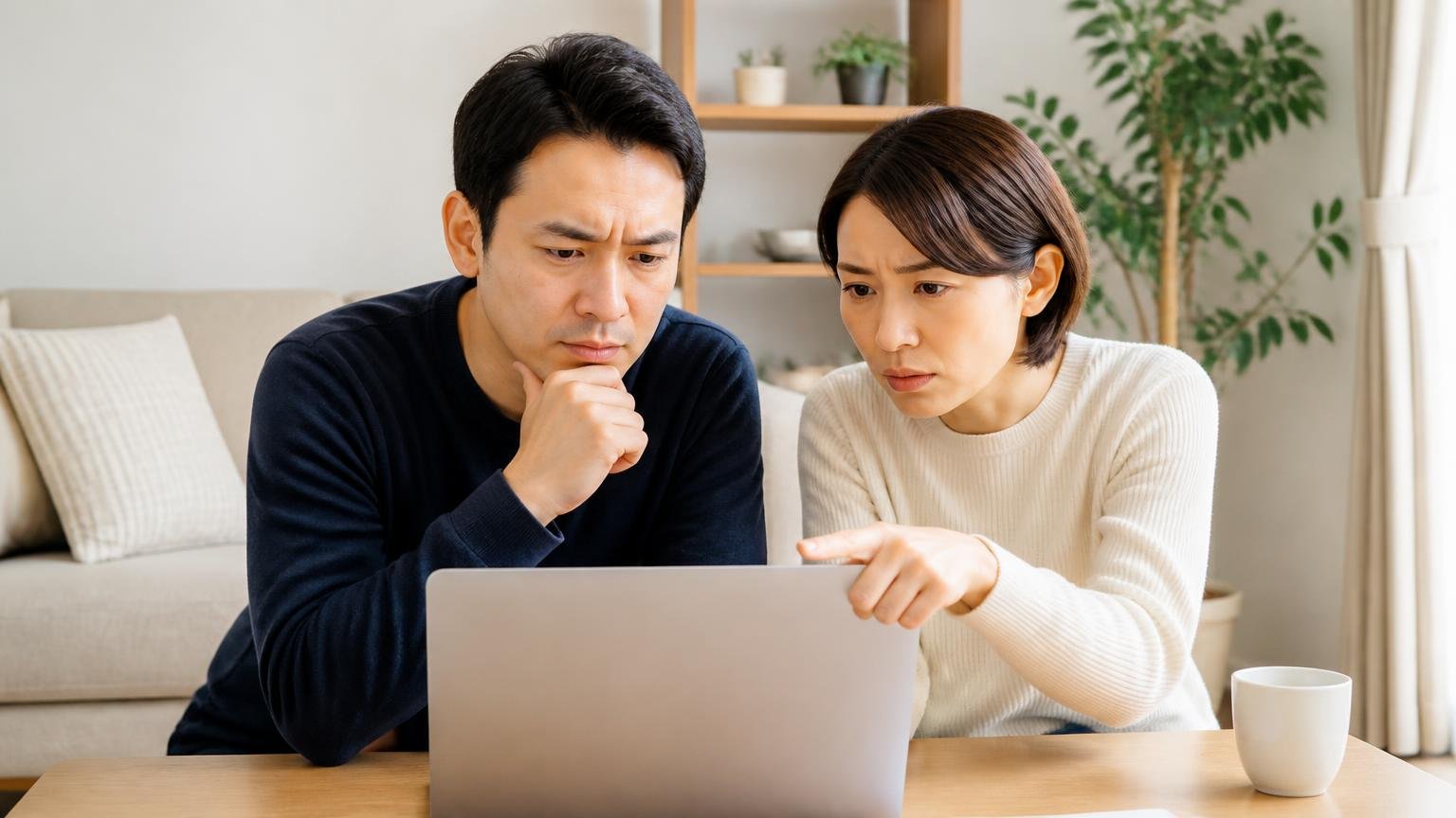ネット上で確認できた邦和理工の評価まとめ、リビングでノートパソコンを見る夫婦2人が画面を指さして真剣な表情