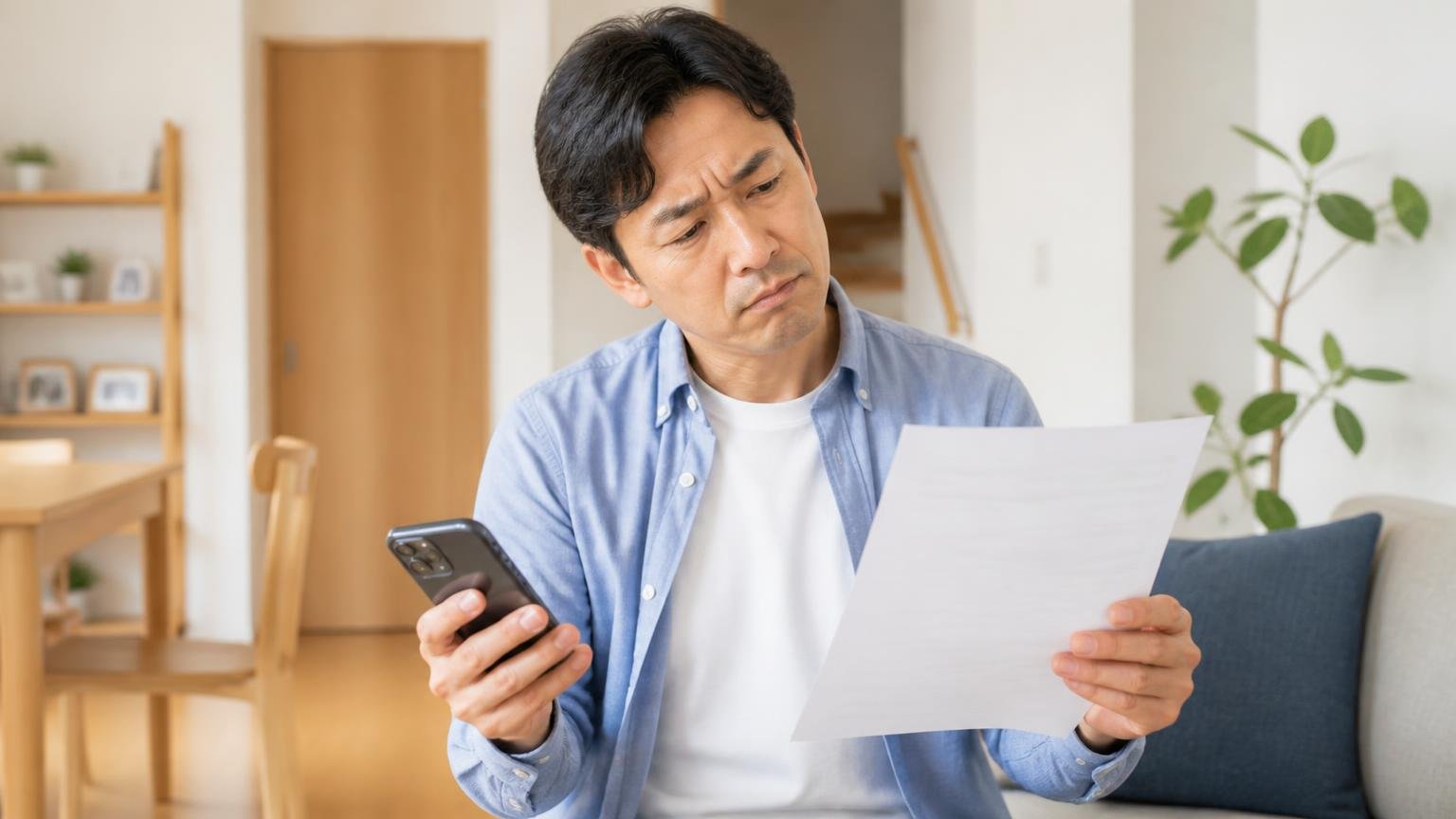 その関東消毒で合っているかの確認。木造戸建てのリビングで40代男性1人がスマホと紙を見比べ首をかしげる