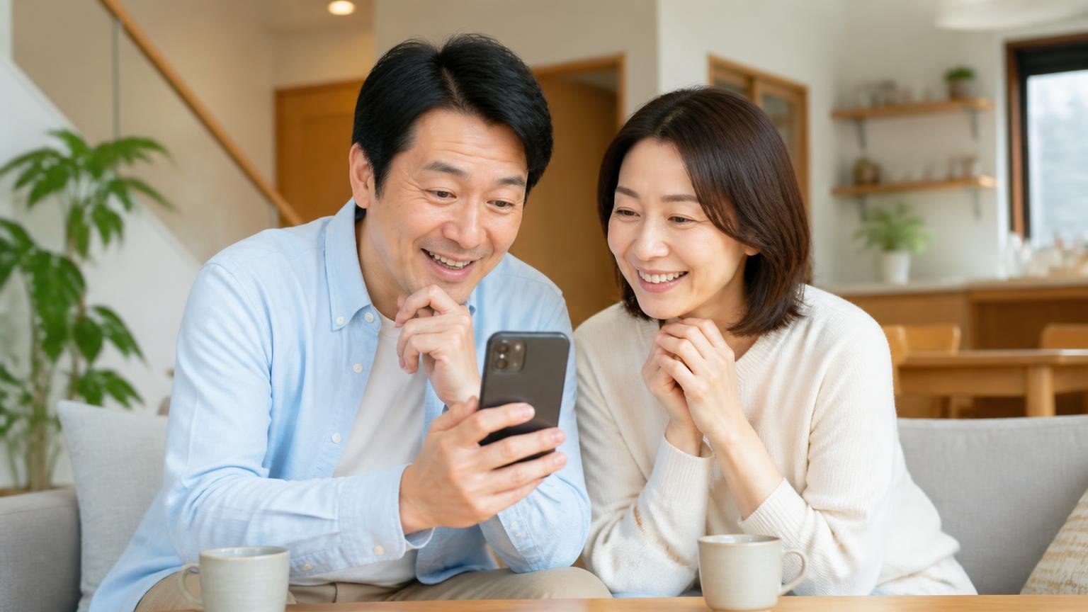 顧客の口コミは高評価が中心 木造戸建てのリビングで夫婦2人がスマホの口コミ画面を見て安堵の表情