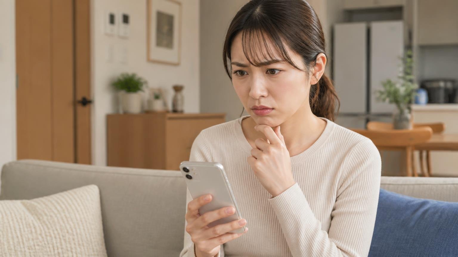 生活110番の総合評価は★4.1(口コミ11件)/木造戸建てのリビングで/スマホを見る30代女性1人/画面を見つめて眉を寄せる