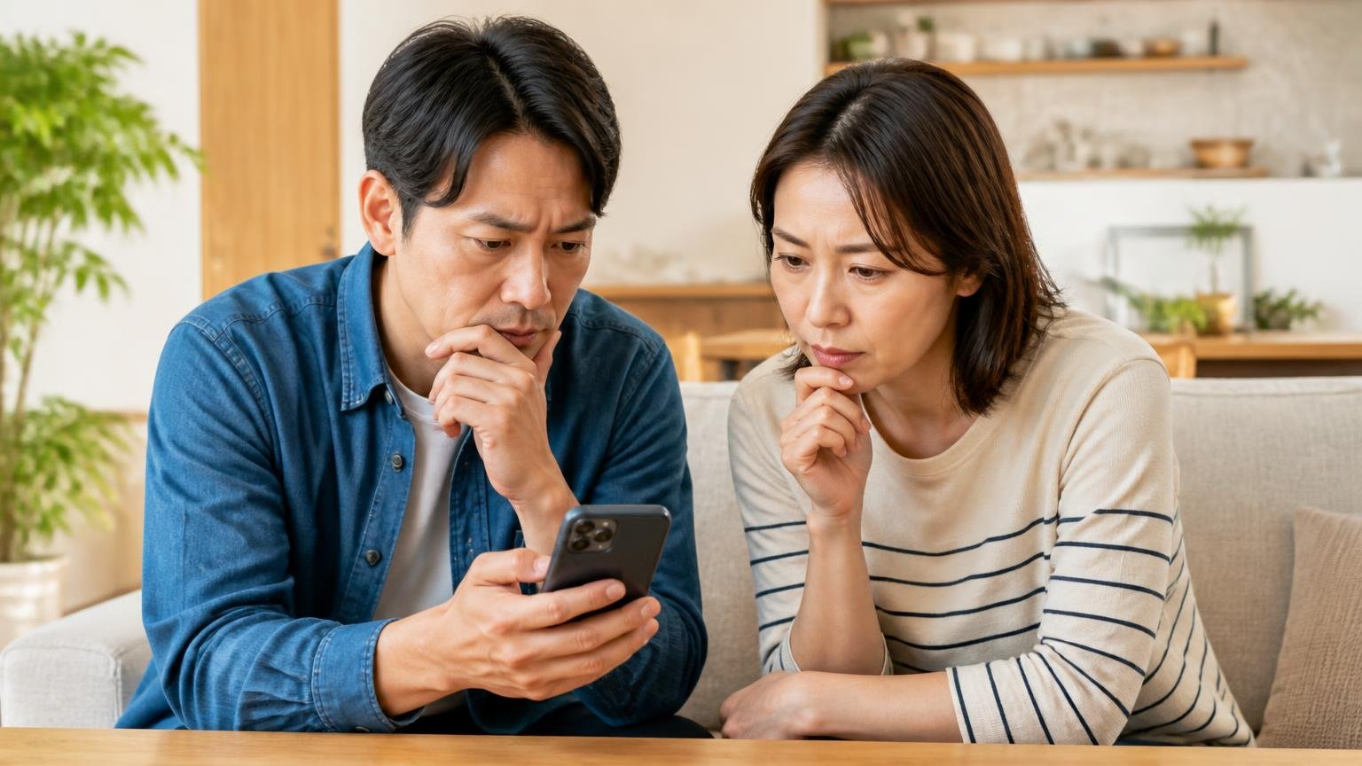 三共リメイクの会社情報を確認する場面 木造戸建てのリビングでスマホを見る夫婦2人 真剣な表情