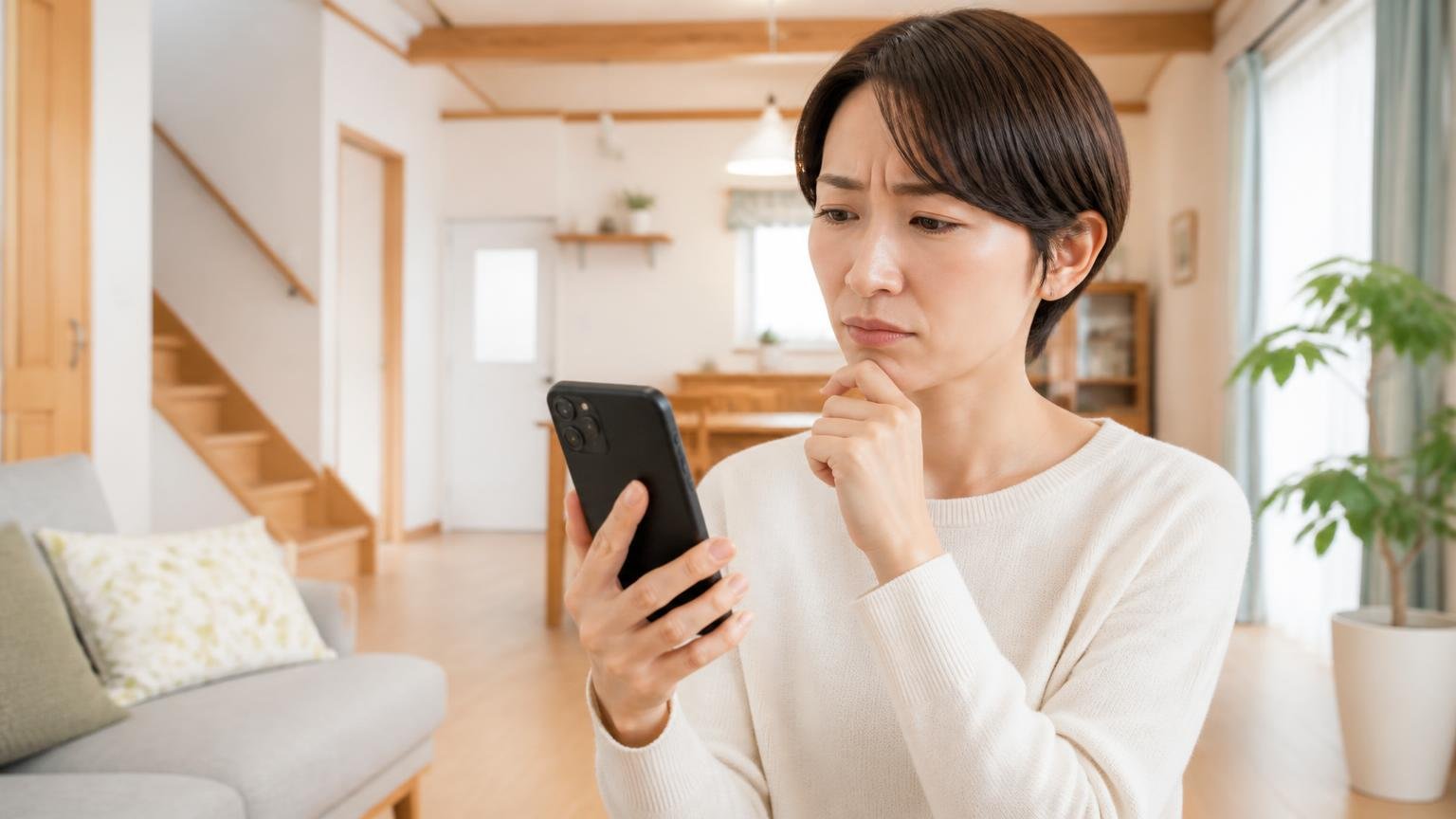 Googleマップの評価4.8の内訳を確認する。木造戸建てのリビングで女性1人がスマホの口コミ画面を見て眉をひそめる