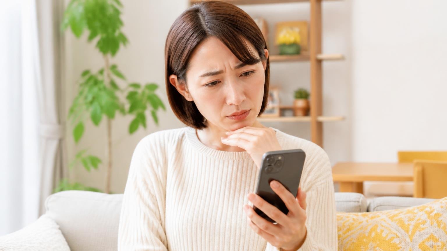 広島県薬業の口コミは全部合わせても10件に届かない。自宅リビングでスマホの口コミ画面を見て眉をひそめる女性1人